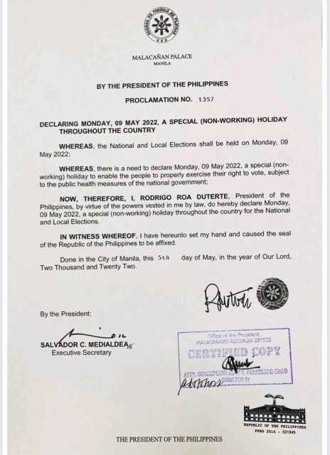 菲律宾总统宣布5月9日为全国特别非工作假日