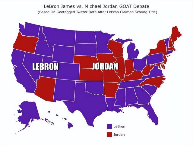 球迷讨论NBA历史最佳，全美29州支持詹姆斯，21州支持乔丹