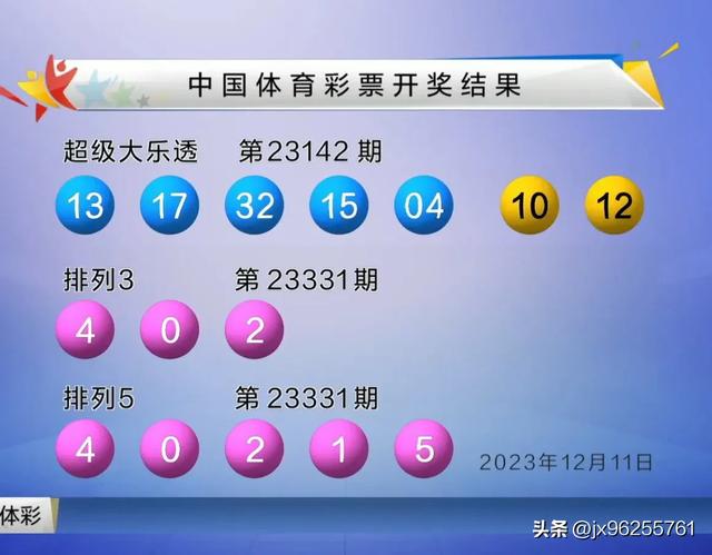 12月11日中国体育彩票大乐透、排列3排列5开奖结果