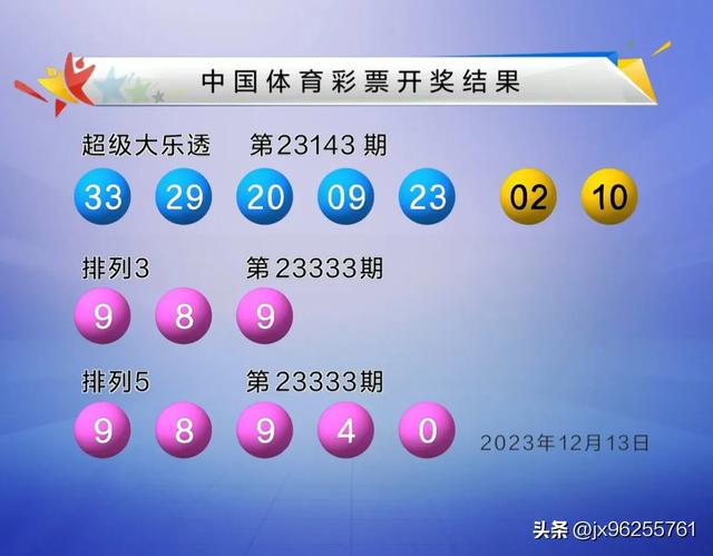 12月13日中国体育彩票超级大乐透、排列3排列5开奖结果