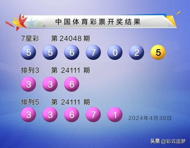 7星0注，排5开132注。4月30日中国体彩7星彩排列3排列5开奖结果